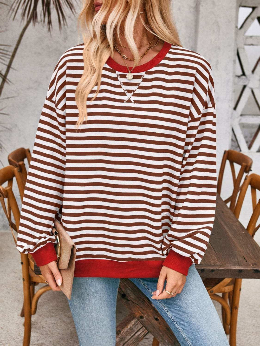 Contrast Striped Long Sleeve Sweatshirt - Trendsi - Flyclothing LLC