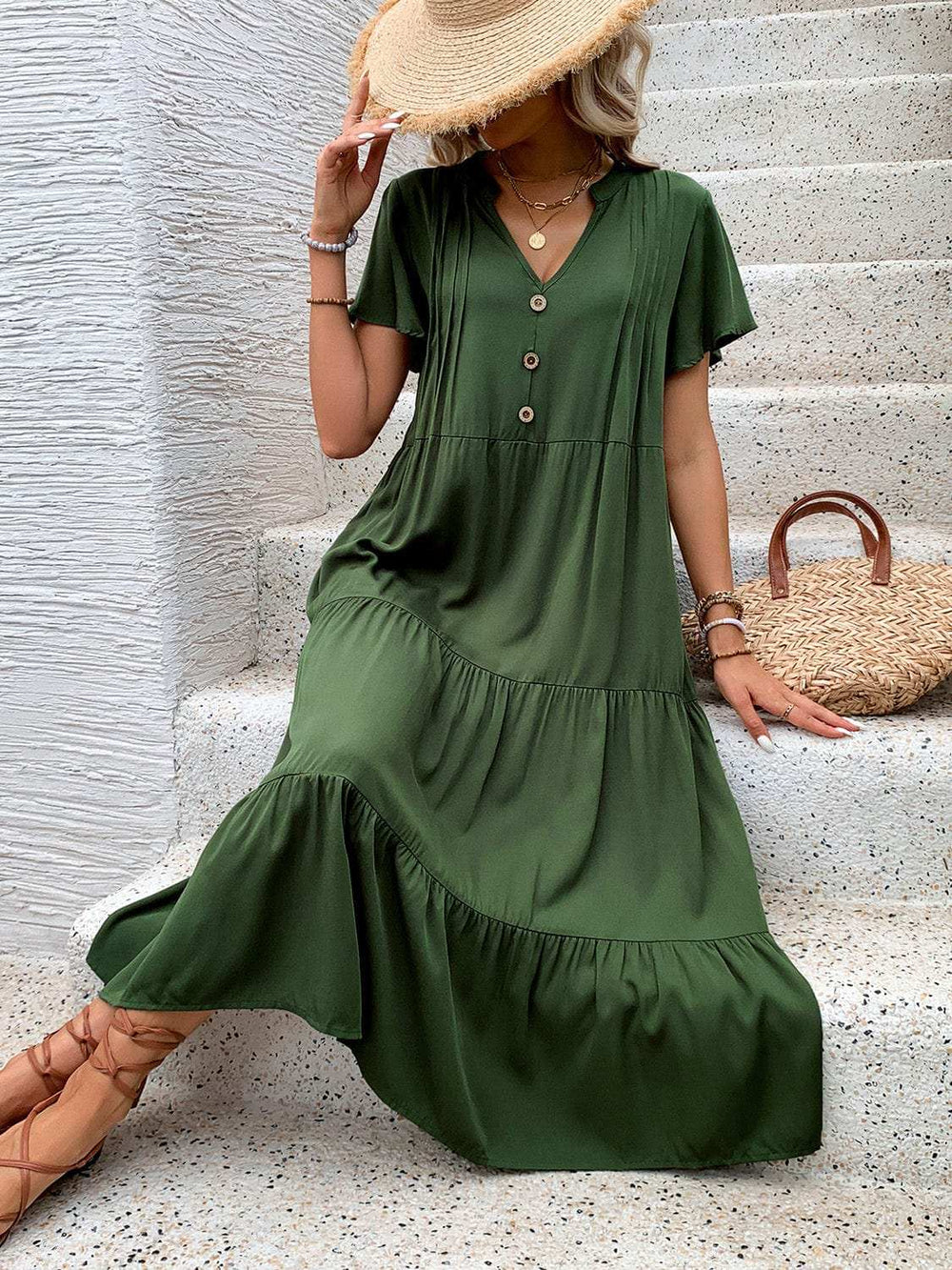 Tiered Notched Short Sleeve Midi Dress - Trendsi - Flyclothing LLC
