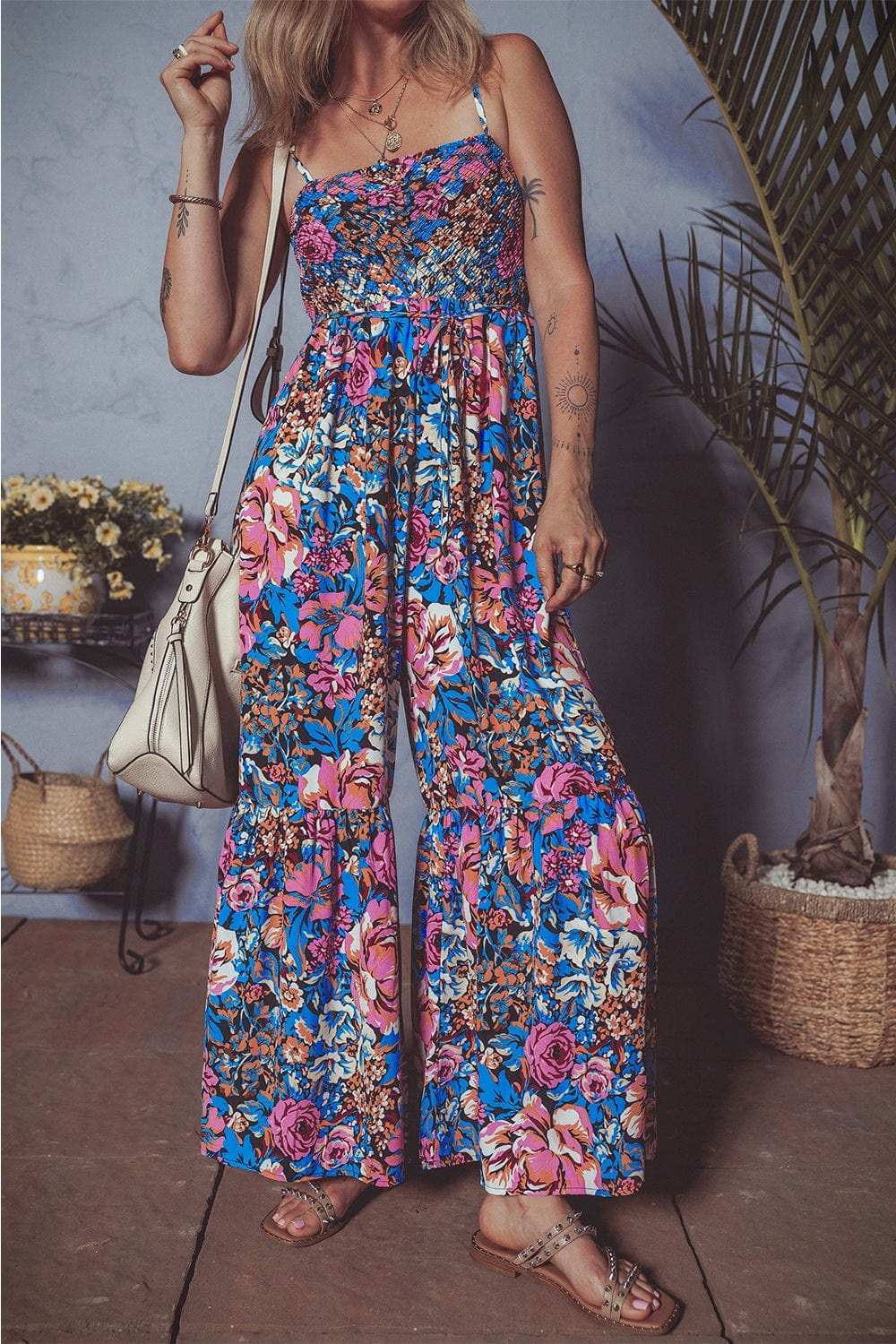 Floral Smocked Spaghetti Straps Wide Leg Jumpsuit - Trendsi - Flyclothing LLC