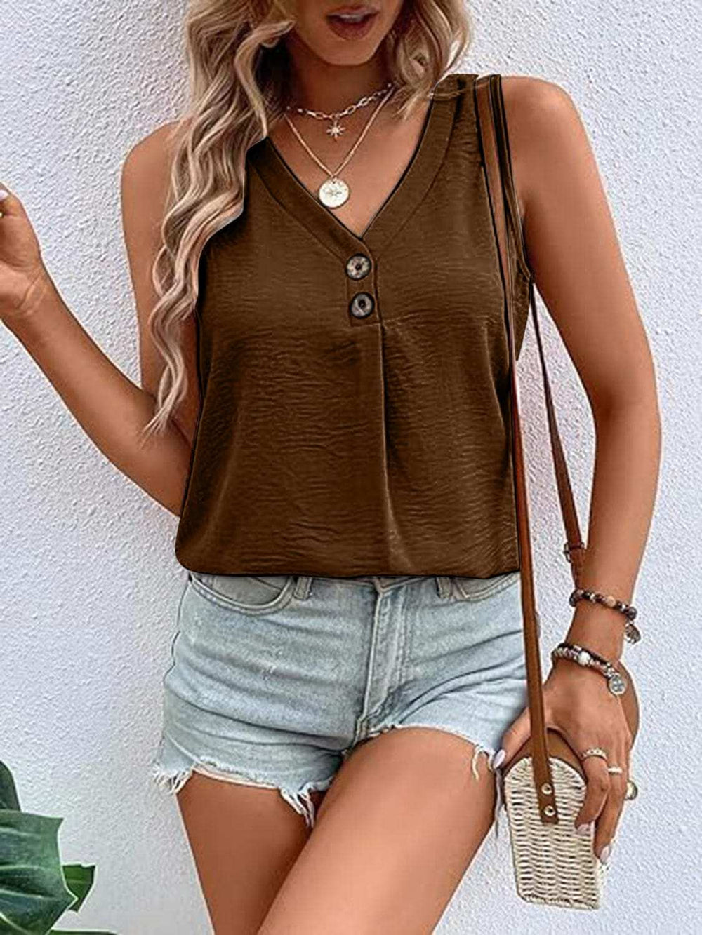 Full Size Decorative Button V-Neck Tank - Trendsi - Flyclothing LLC