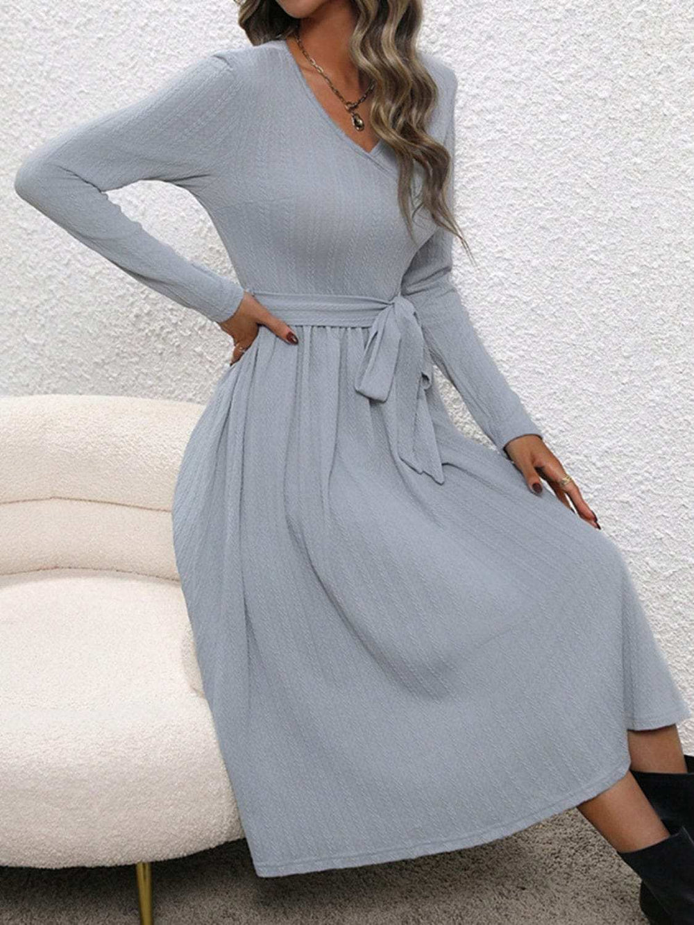 Surplice Tie Waist Long Sleeve Midi Dress - Trendsi - Flyclothing LLC