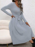 Surplice Tie Waist Long Sleeve Midi Dress - Trendsi - Flyclothing LLC