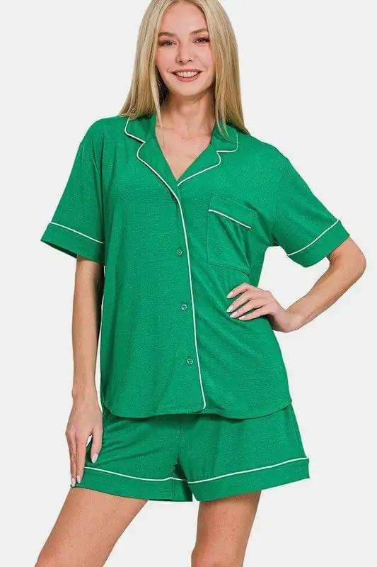 Zenana Button Down Short Sleeve Top and Shorts Lounge Set - Trendsi - Flyclothing LLC
