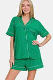 Zenana Button Down Short Sleeve Top and Shorts Lounge Set - Trendsi - Flyclothing LLC