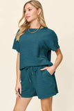 Double Take Full Size Texture Short Sleeve T-Shirt and Drawstring Shorts Set - Trendsi - Flyclothing LLC