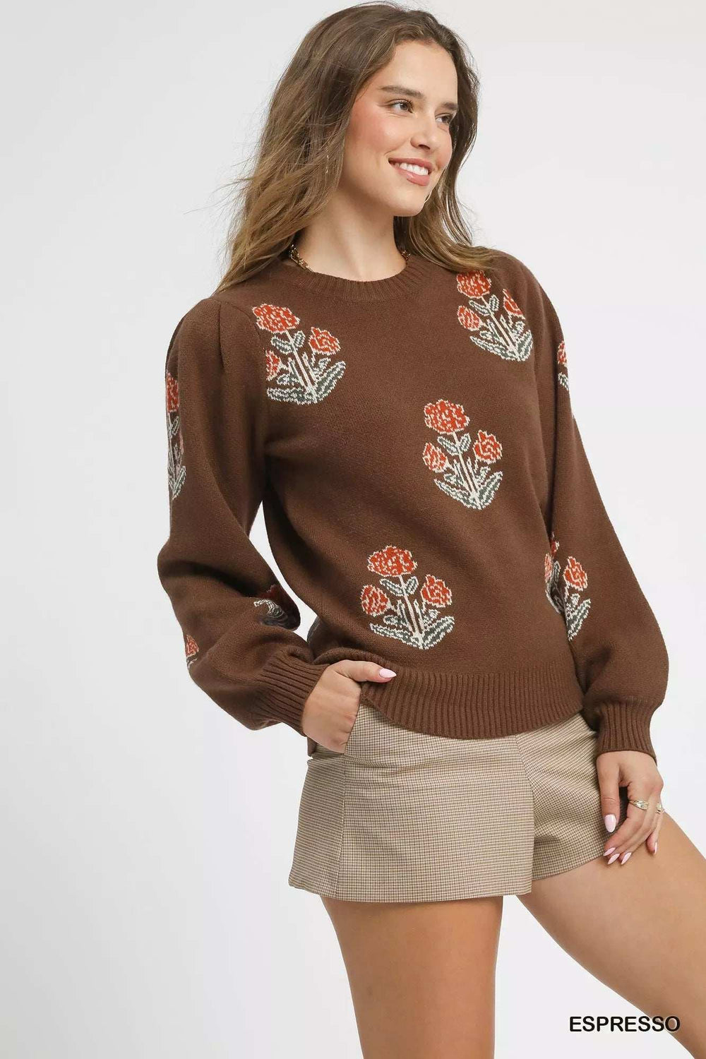 Umgee Floral Knit Sweater with Puff Sleeves - Trendsi - Flyclothing LLC