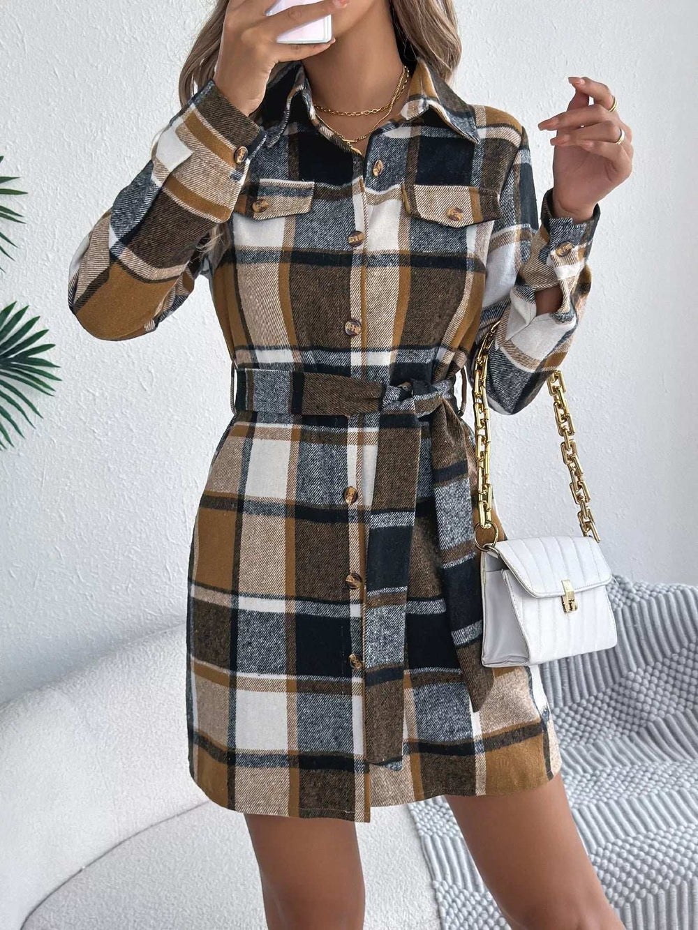 Plaid Button Front Tie Waist Shirt Dress - Trendsi - Flyclothing LLC