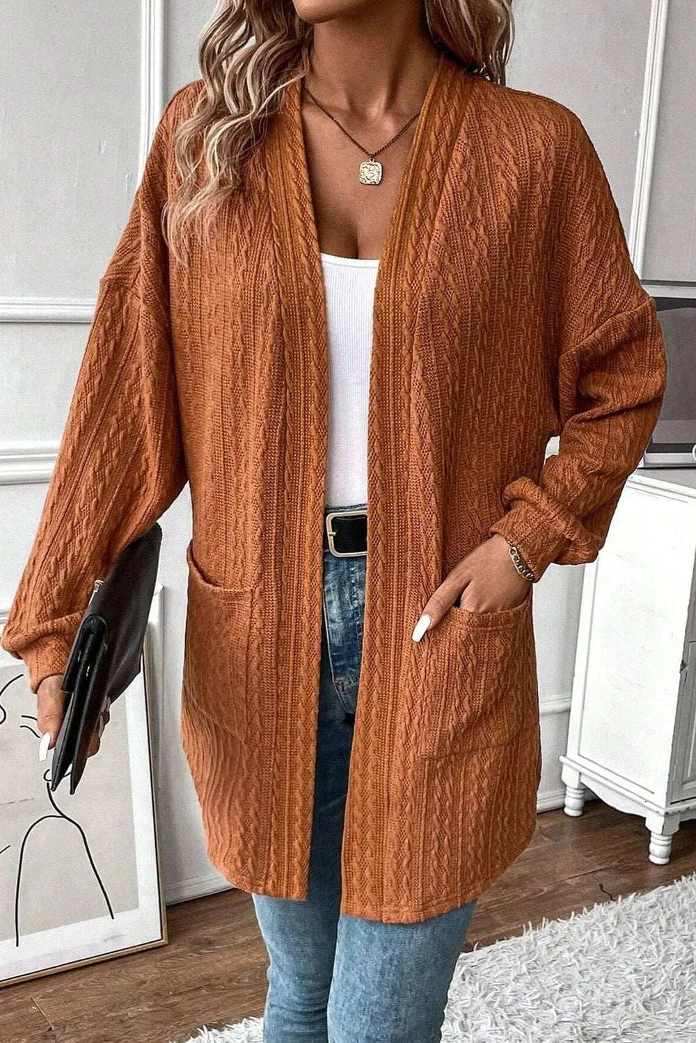 Textured Pocketed Open Front Long Sleeve Cover Up - Trendsi - Flyclothing LLC