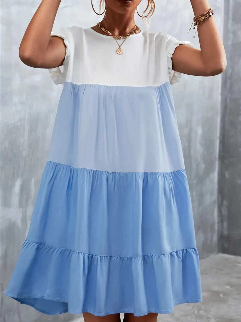 Color Block Round Neck Short Sleeve Dress - Trendsi - Flyclothing LLC