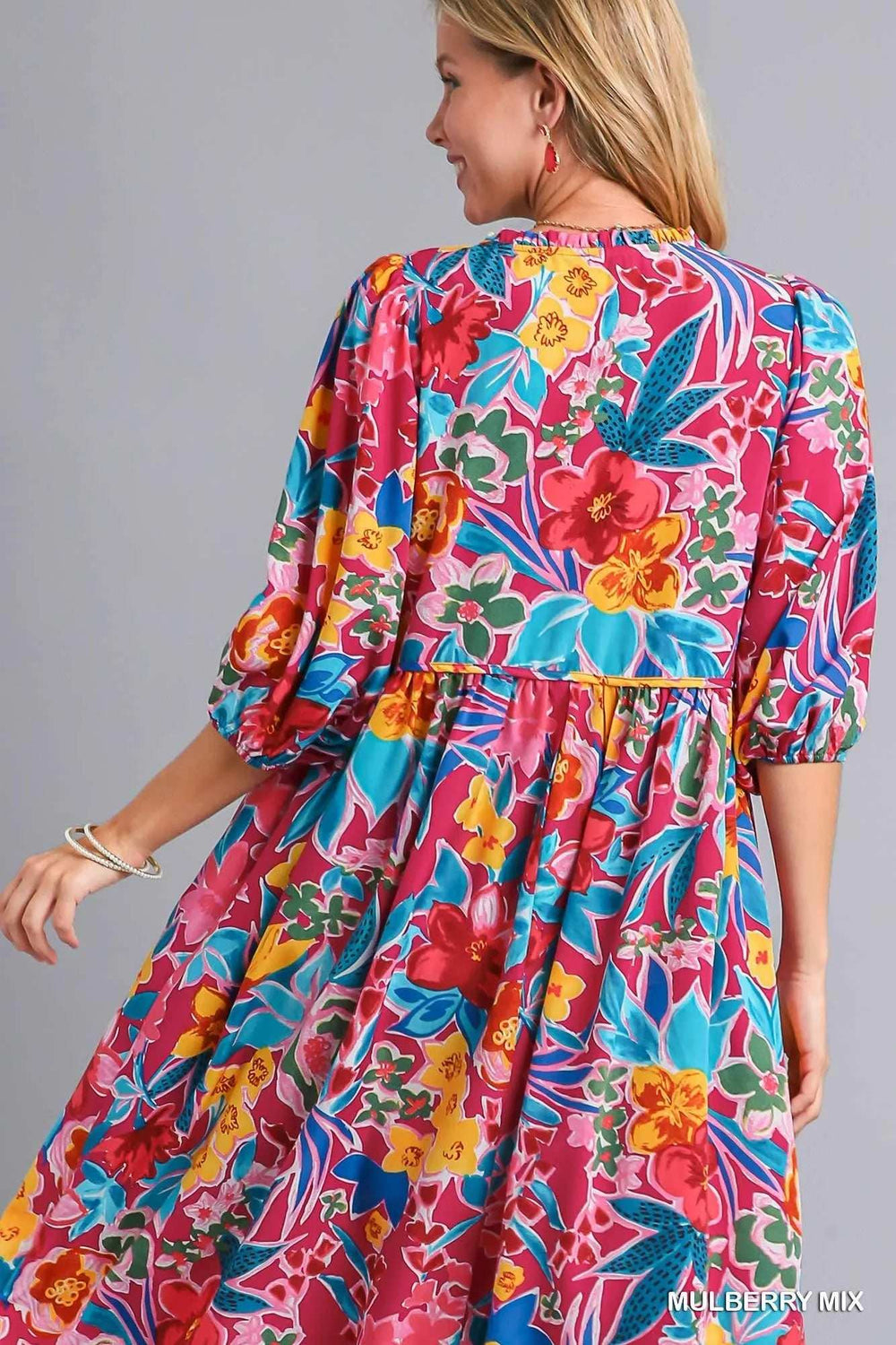 Umgee Full Size Floral Print Tie Neck Midi Dress with Pockets Plus Size - Trendsi - Flyclothing LLC