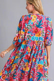 Umgee Full Size Floral Print Tie Neck Midi Dress with Pockets Plus Size - Trendsi - Flyclothing LLC