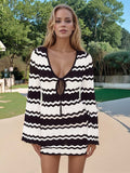 Wavy Striped Tied Front Long Sleeve Cover-Up Dress - Trendsi - Flyclothing LLC