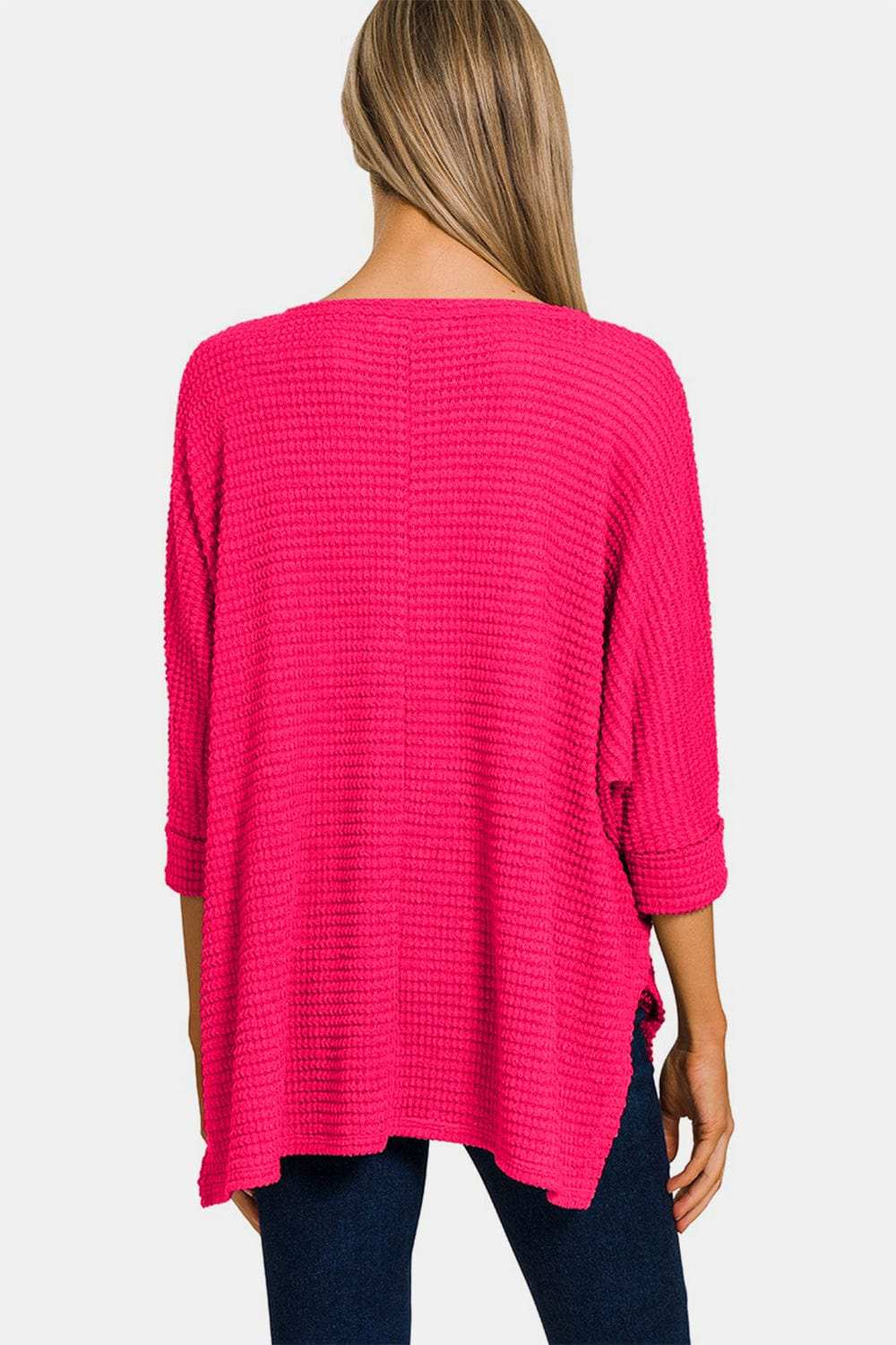 Zenana V-Neck High-Low Jacquard Knit Top - Trendsi - Flyclothing LLC
