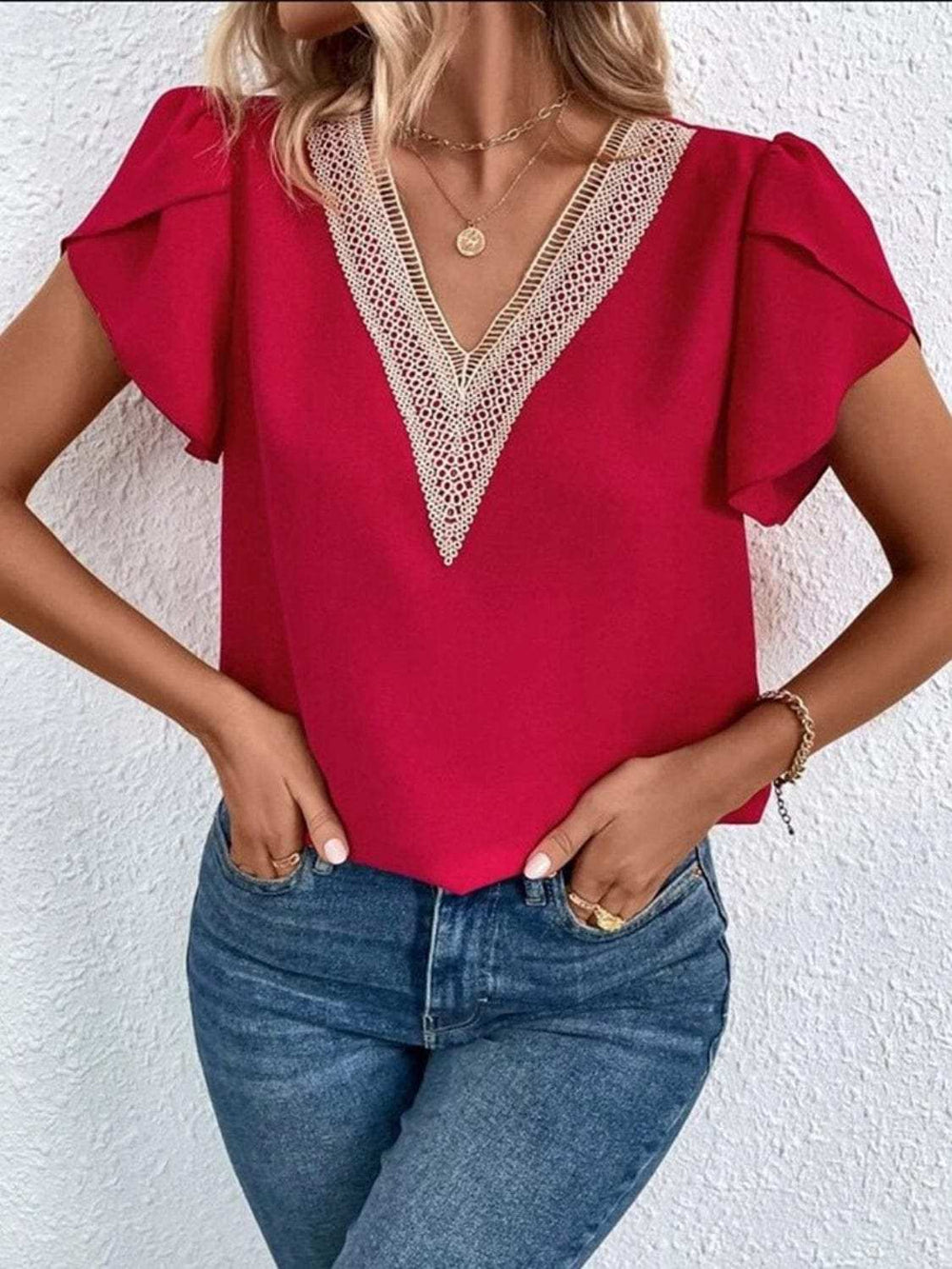 V-Neck Petal Sleeve Blouse - Trendsi - Flyclothing LLC