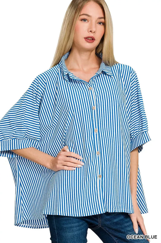 Zenana Oversized Stripe Button Down Shirt - Trendsi - Flyclothing LLC