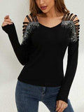 Rhinestone Cutout Long Sleeve T-Shirt - Trendsi - Flyclothing LLC