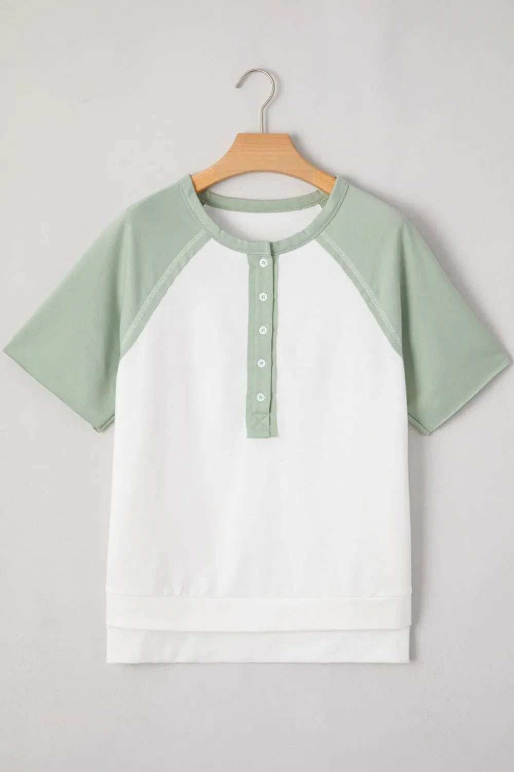 Color Block Raglan Short Sleeve Half Buttons High Low T Shirt - Trendsi - Flyclothing LLC