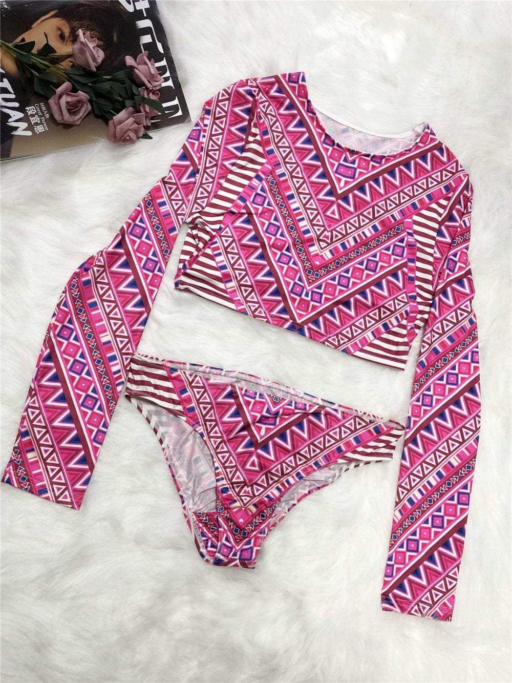 Printed Long Sleeve Top and Brief Swim Set - Trendsi - Flyclothing LLC