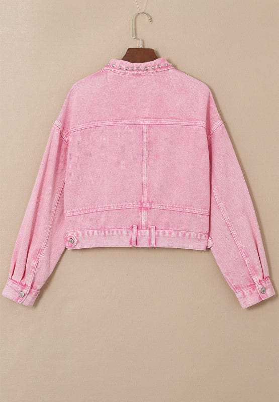 Studded Button Up Denim Jacket - Trendsi - Flyclothing LLC