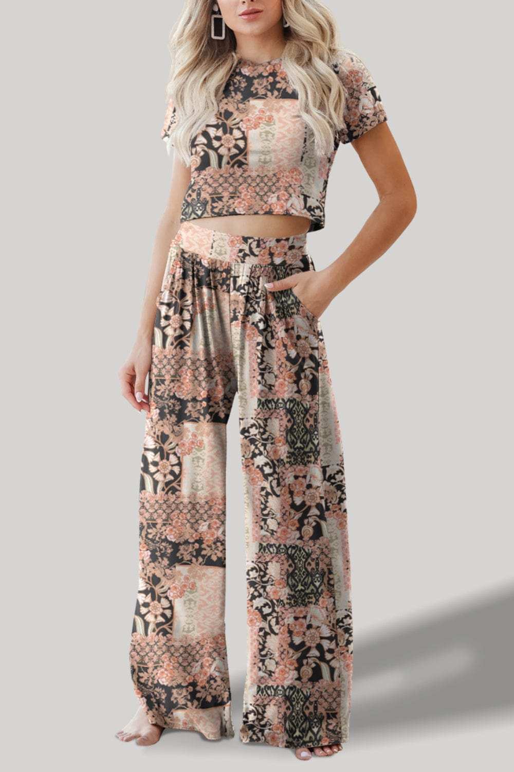 Printed Round Neck Short Sleeve Top and Pants Set - Trendsi - Flyclothing LLC