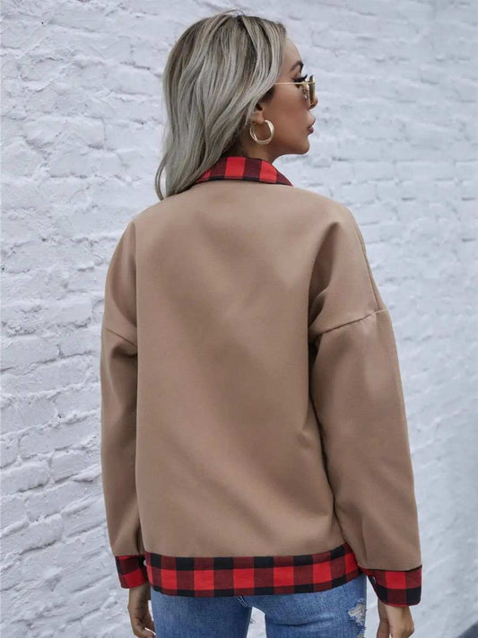 Plaid Trim Long Sleeve Jacket - Trendsi - Flyclothing LLC