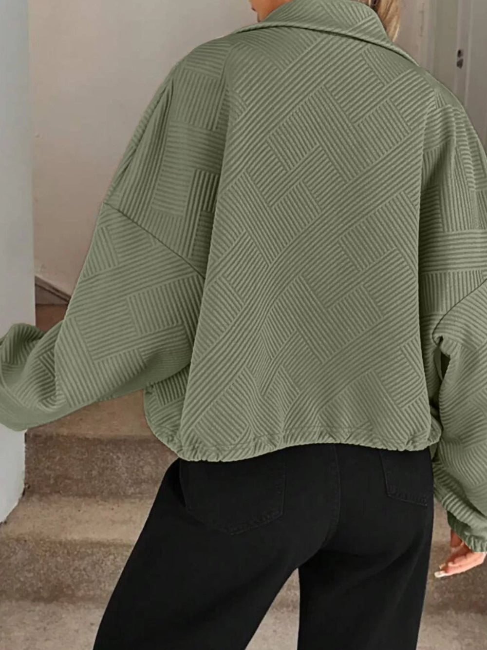 Textured Zip-Up Drawstring Hem Jacket - Trendsi - Flyclothing LLC