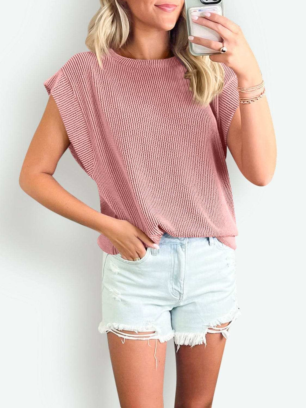 Textured Round Neck Cap Sleeve Blouse - Trendsi - Flyclothing LLC