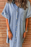 Pocketed Button Up Half Sleeve Denim Dress - Trendsi - Flyclothing LLC