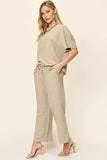 Double Take Full Size Texture Short Sleeve Top and Pants Set - Trendsi - Flyclothing LLC