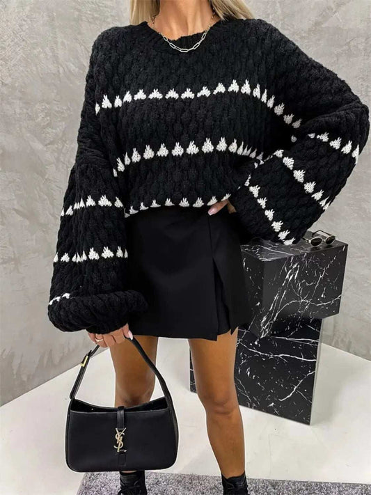 Contrast Round Neck Long Sleeve Sweater - Trendsi - Flyclothing LLC