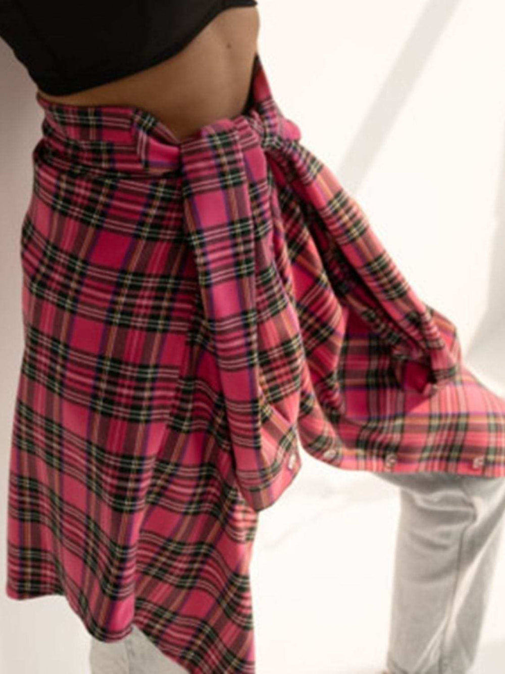 Plaid Collared Neck Long Sleeve Shirt - Trendsi - Flyclothing LLC