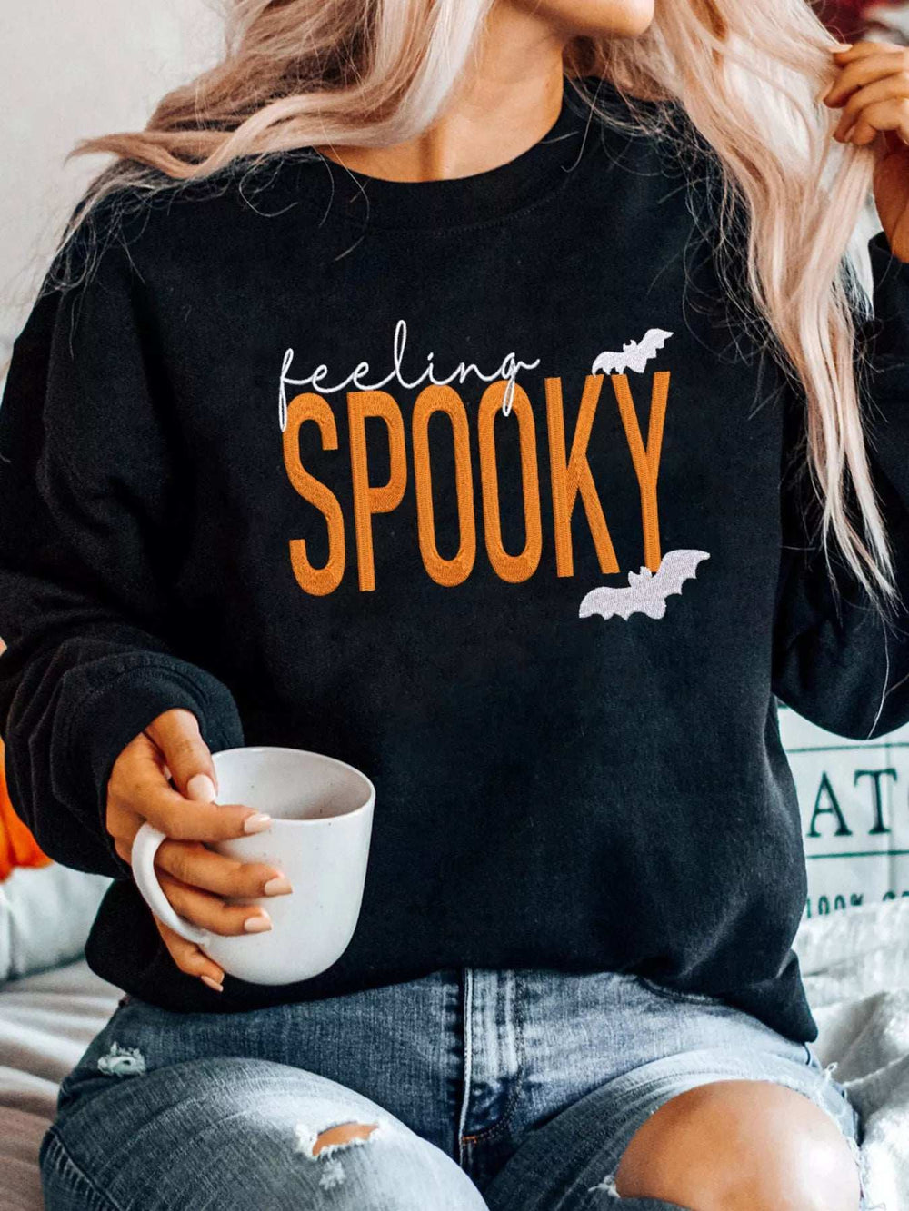 Feeling Spooky Halloween Embroidered Sweatshirt - Trendsi - Flyclothing LLC
