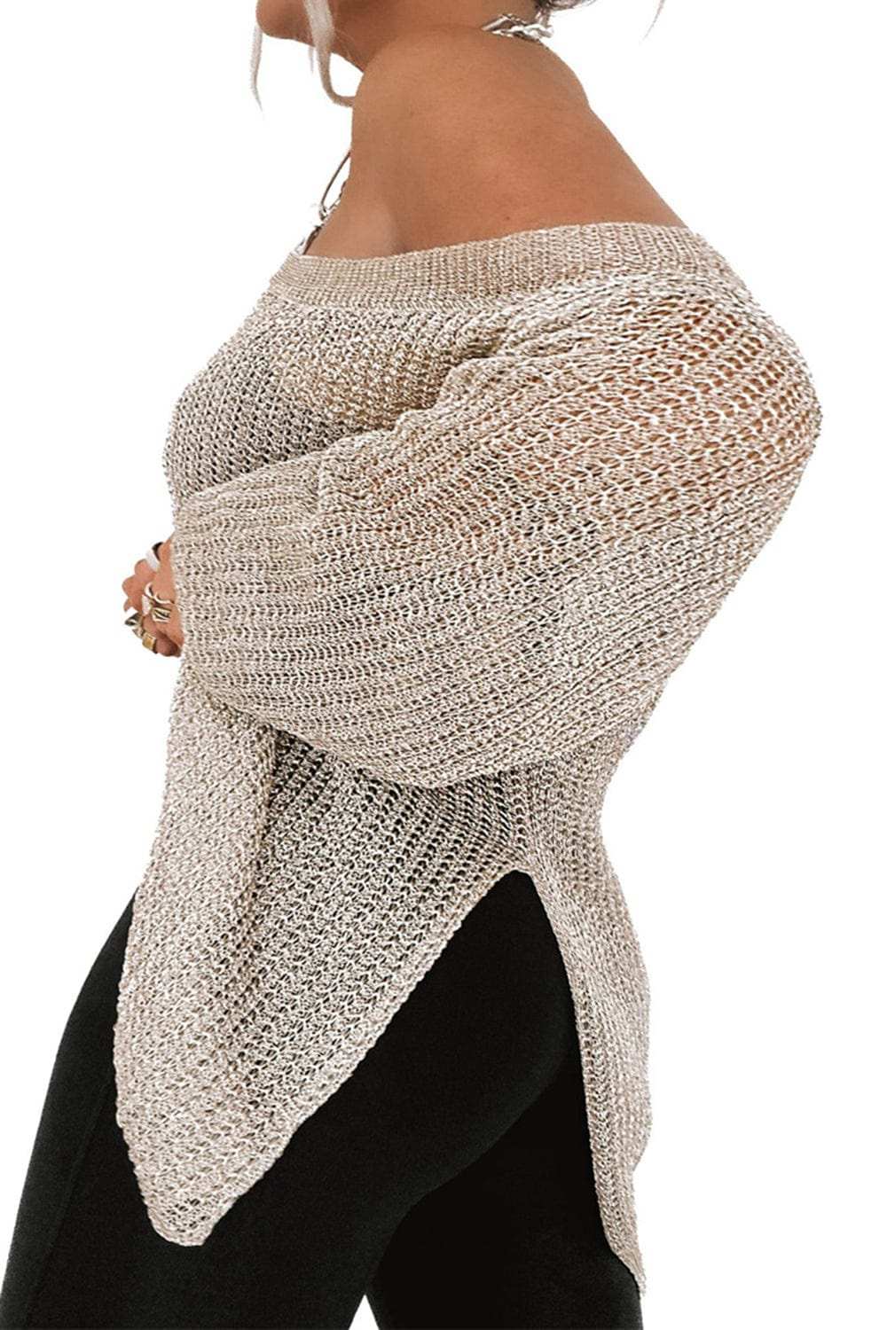 Side Slit Long Sleeve Knit Cover Up - Trendsi - Flyclothing LLC