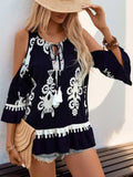 Tassel Printed Tie Neck Cold Shoulder Blouse - Trendsi - Flyclothing LLC