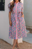 Printed Shirred Sleeve Buttoned Front Midi Dress with Sash - Trendsi - Flyclothing LLC