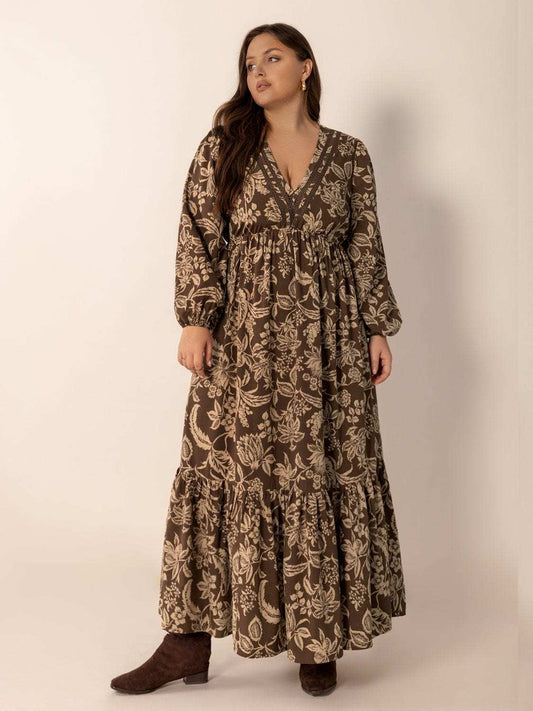 Plus Size Printed V-Neck Balloon Sleeve Maxi Dress - Trendsi - Flyclothing LLC