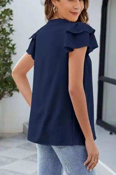 Ruffled Notched Short Sleeve Blouse - Trendsi - Flyclothing LLC