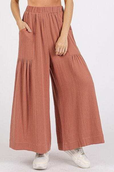 Mittoshop Gauze Elastic Waist Pleated Wide Leg Pants - Trendsi - Flyclothing LLC