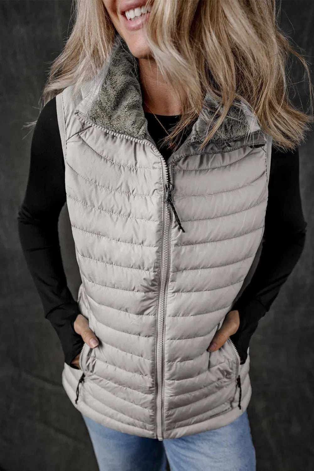 Pocketed Zip Up Vest Coat - Trendsi - Flyclothing LLC