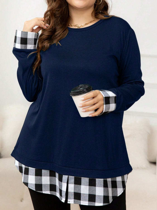 Plus Size Plaid Hem Round Neck Long Sleeve Sweatshirt - Trendsi - Flyclothing LLC