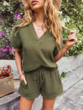 Notched Short Sleeve Top and Shorts Set - Trendsi - Flyclothing LLC