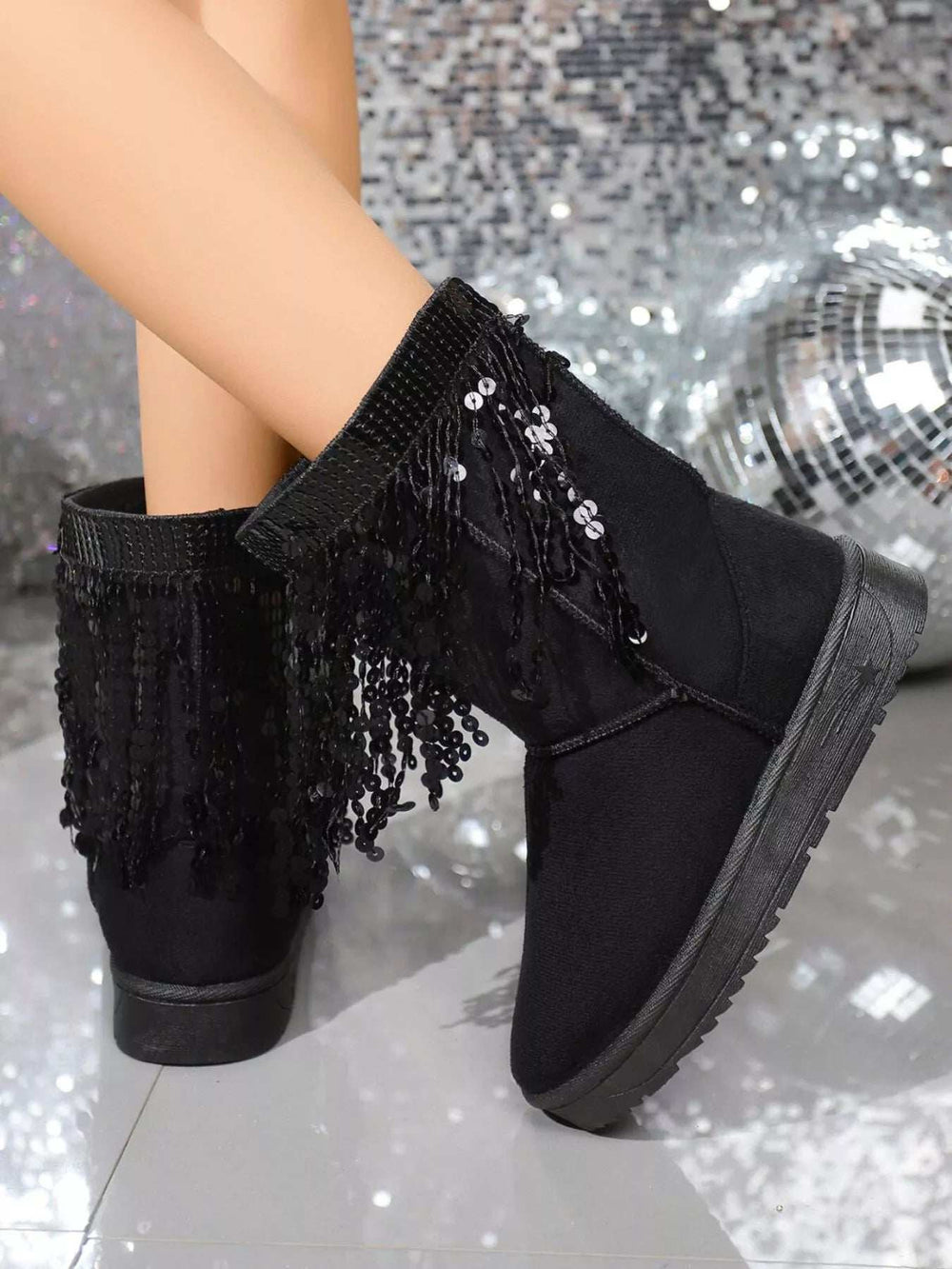 Sequin Fringe Suede Winter Boots - Trendsi - Flyclothing LLC