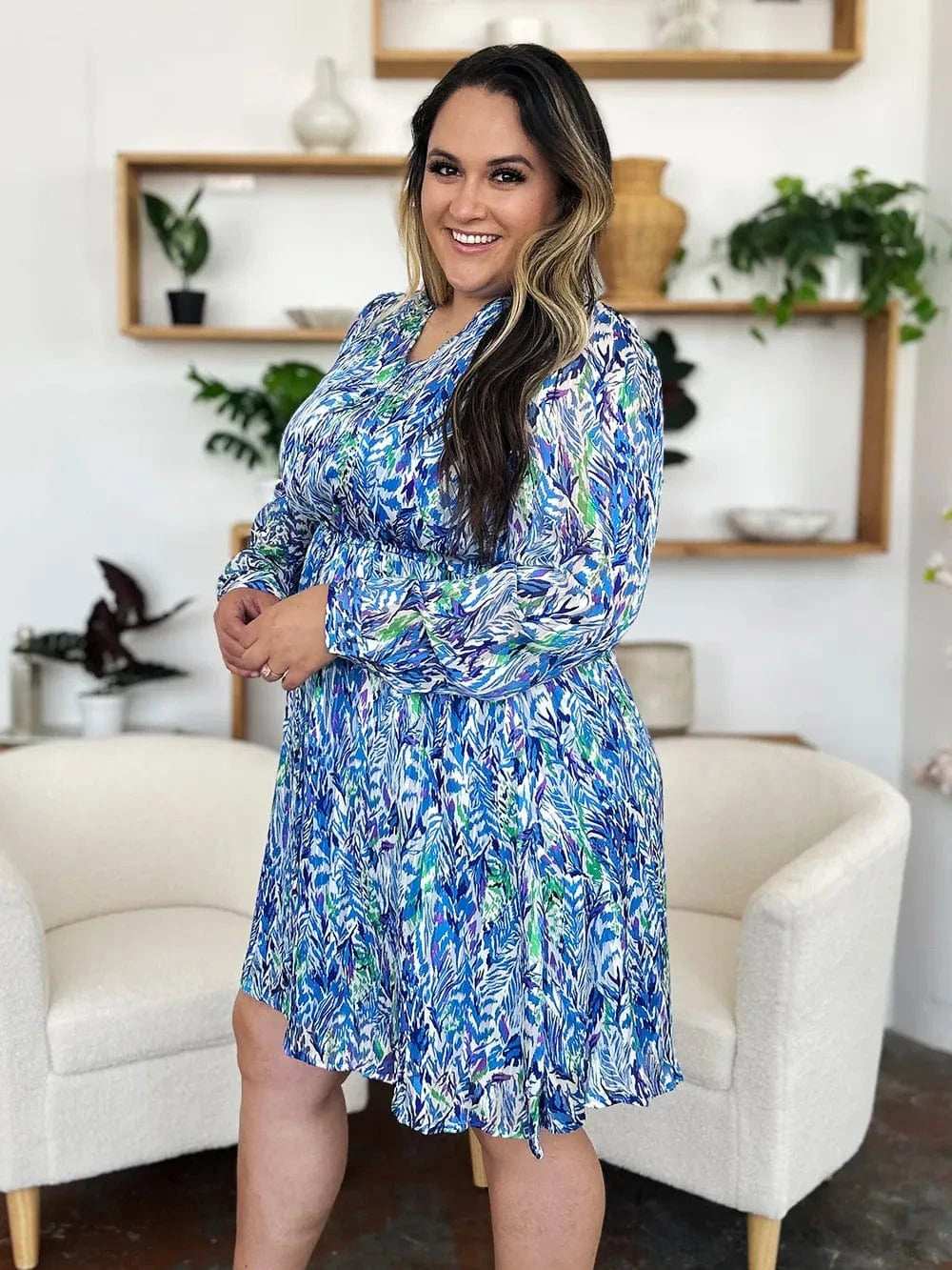 Double Take Full Size Printed Drawstring Waist Long Sleeve Dress - Trendsi - Flyclothing LLC