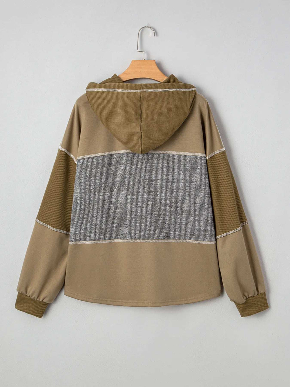 Mixed Texture Patchwork Exposed Seam Half Button Hoodie - Trendsi - Flyclothing LLC