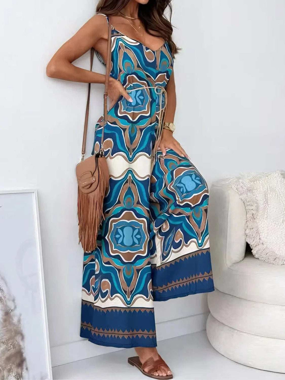 Printed V-Neck Wide Leg Jumpsuit - Trendsi - Flyclothing LLC