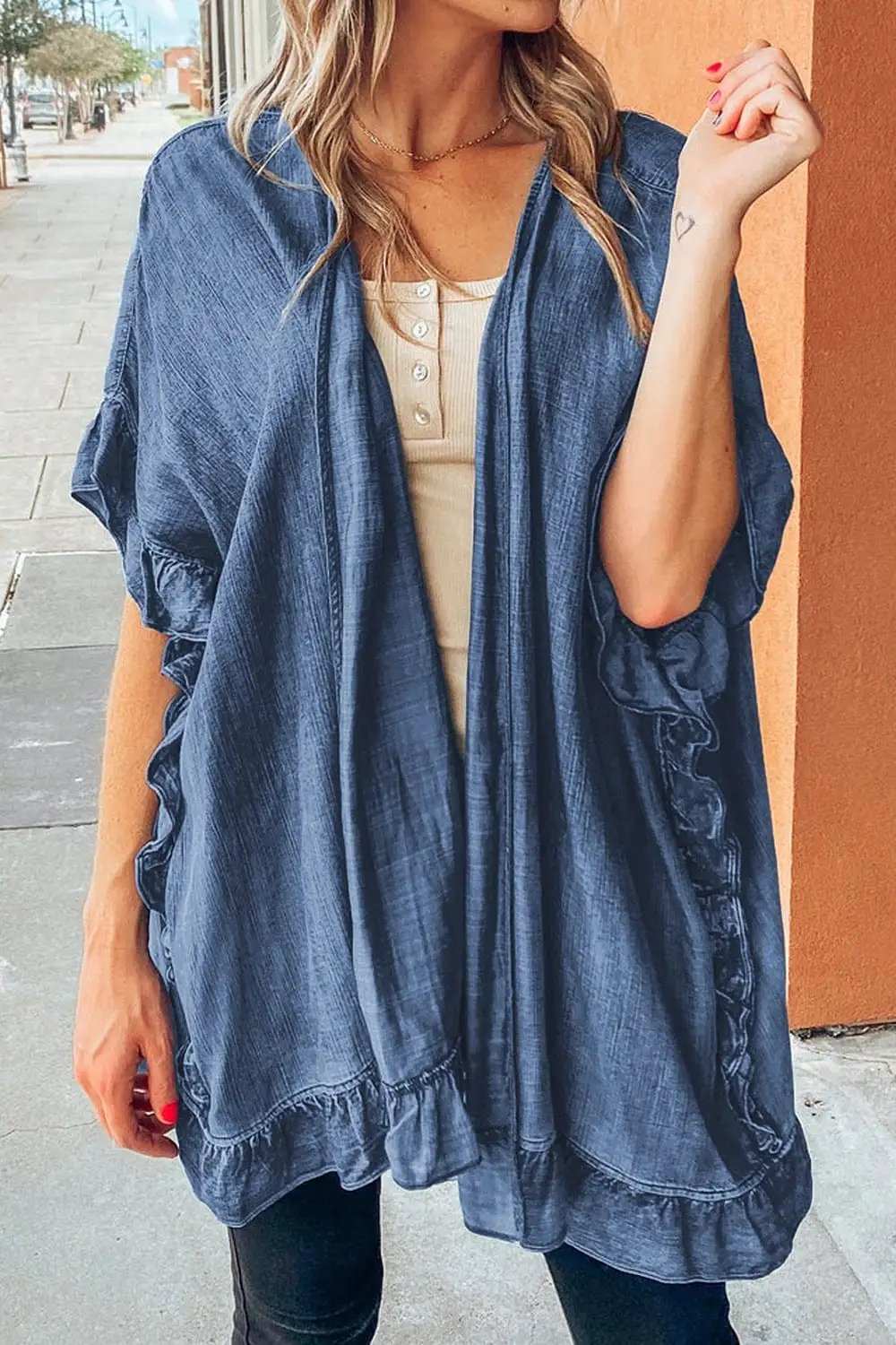 Ruffled Open Front Denim Top - Trendsi - Flyclothing LLC