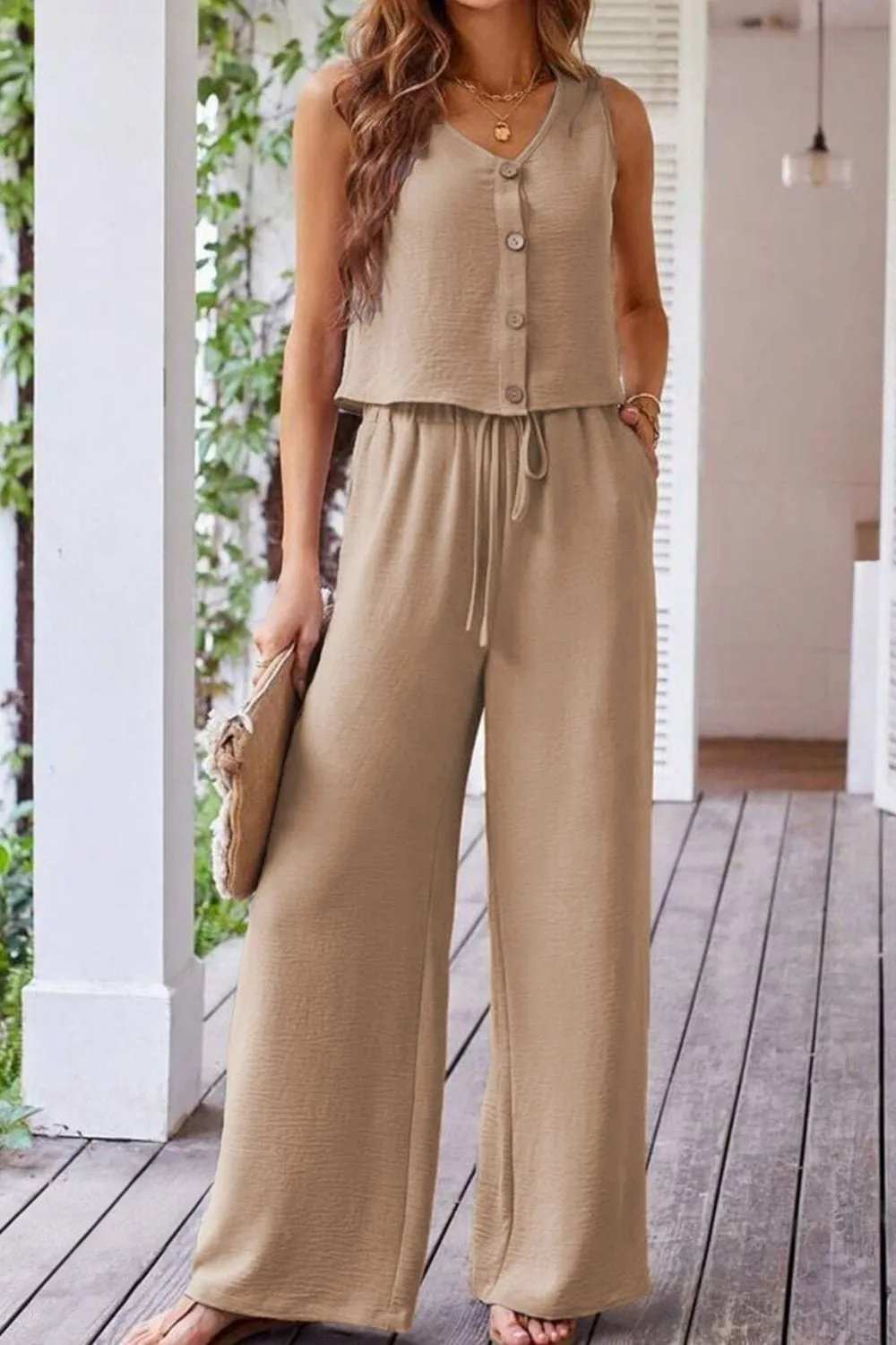 Button Down Vest and Drawstring Wide Leg Pants Set - Trendsi - Flyclothing LLC