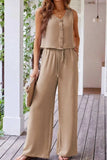 Button Down Vest and Drawstring Wide Leg Pants Set - Trendsi - Flyclothing LLC