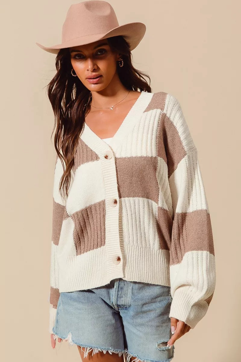 SO ME Checkered Button Front Ribbed Sweater Cardigan - Trendsi - Flyclothing LLC