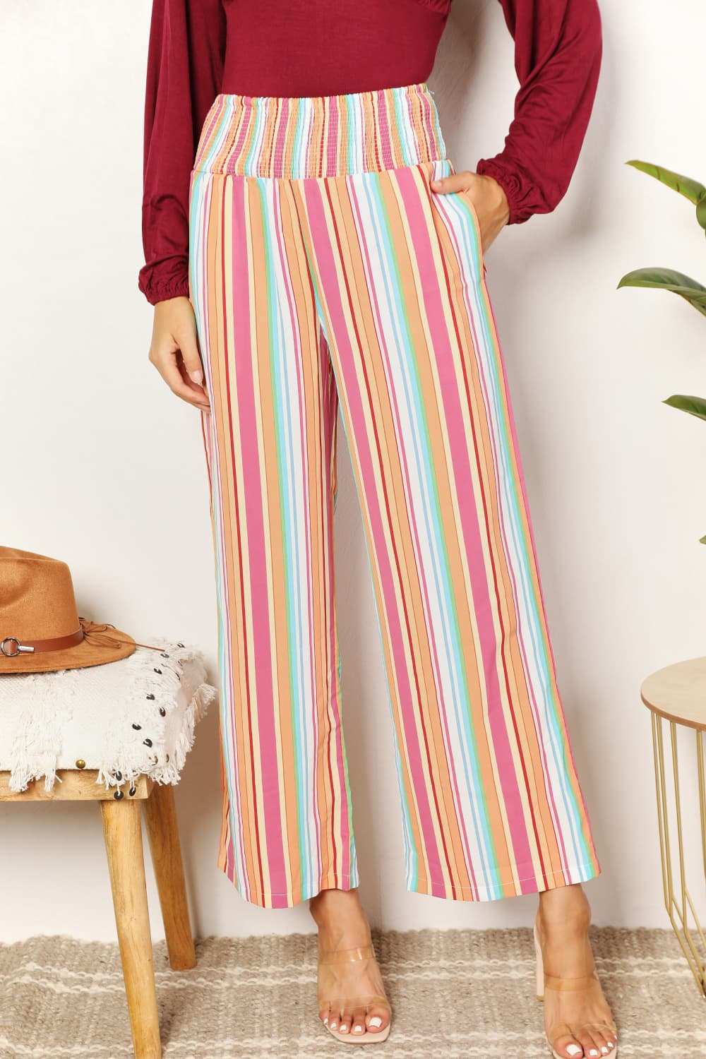 Double Take Striped Smocked Waist Pants with Pockets - Trendsi - Flyclothing LLC